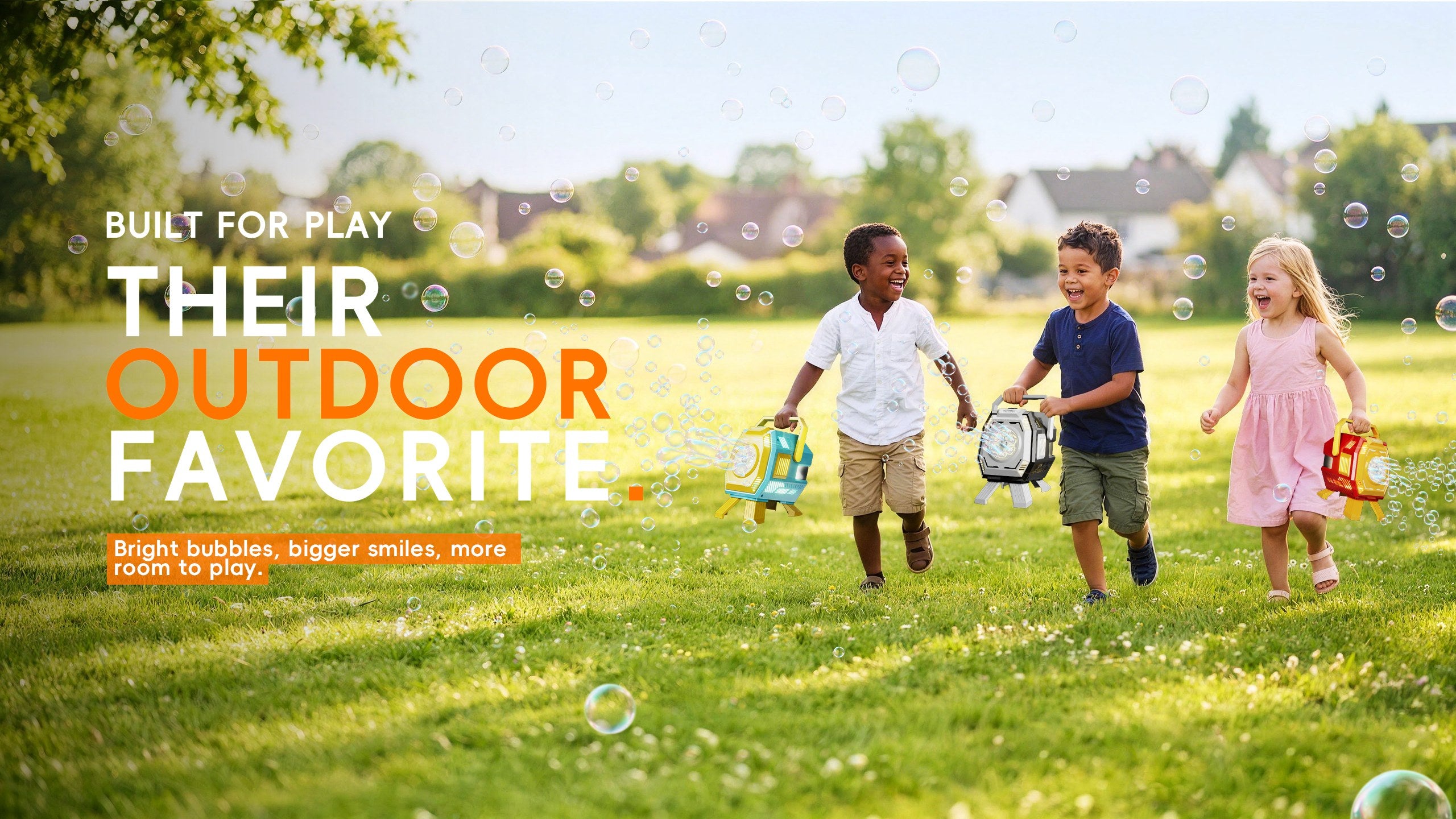 Children enjoying Belemar bubble machines outdoors